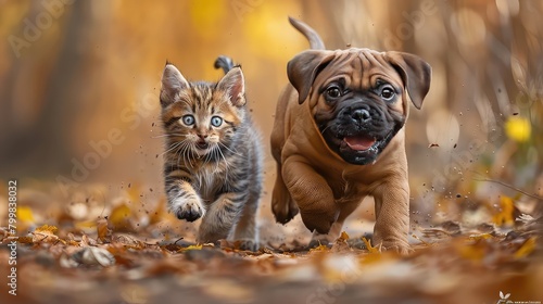 Dog and kitten running together