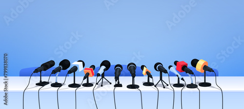 Press conference microphones on table. Cartoon vector background with professional equipment for interview, speech, mass media event, news, report, presentation, broadcasting, journalism or politics