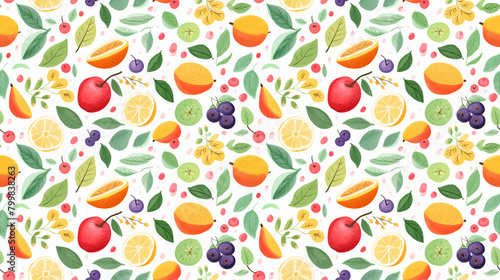 A seamless pattern of various fruits and leaves. © FoxGrafy