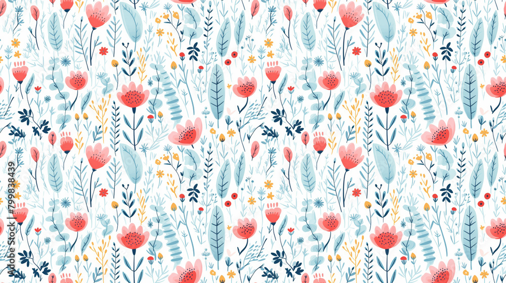 A seamless pattern with cute hand drawn flowers and leaves on a white background.