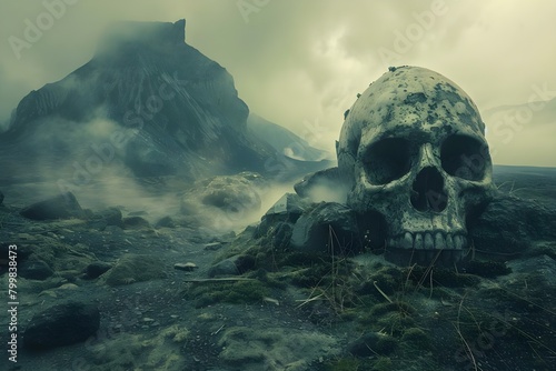 Mystical scenery featuring a colossal skull-shaped volcanic mountain in a foggy and desolate cursed land. Concept Mystical Scenery, Volcanic Mountain, Skull-Shaped, Foggy, Desolate Land photo