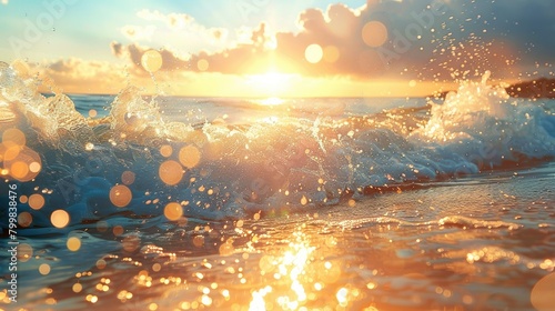 The crystal clear waves leap high, with golden sunlight sprinkled across the sea surface. Generative AI.