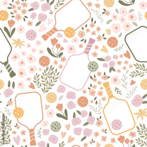 Pickleball floral pattern with paddles, balls, flowers. Summer game repeat background. Female tennis print in pastel colors, wallpaper, textile, fabric, wrapping paper. Hand drawn vector illustration.