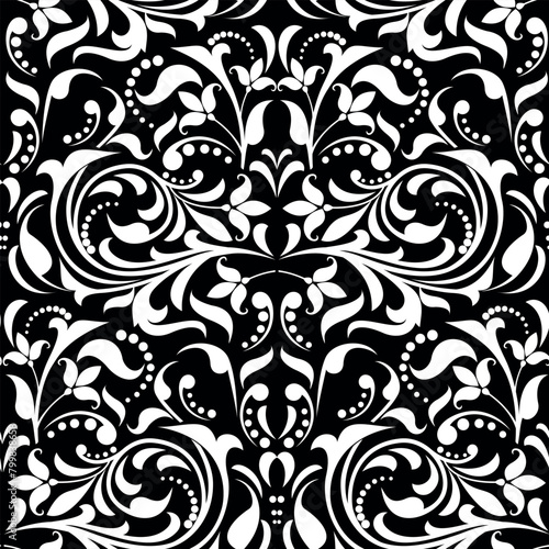 Wallpaper in the style of Baroque. Seamless vector background. White and black floral ornament. Graphic pattern for fabric, wallpaper, packaging. Ornate Damask flower ornament.