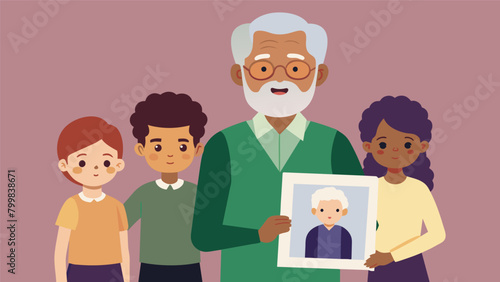 An elderly man proudly showing his greatgrandchildren a faded photograph of his ancestors who were freed slaves passing on the legacy of resilience. Vector illustration