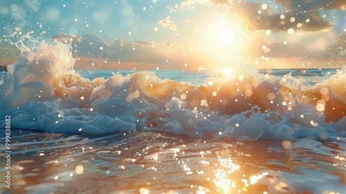 The crystal clear waves leap high, with golden sunlight sprinkled across the sea surface. Generative AI.