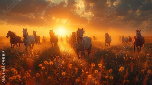Horses running in a plain with sunset background photo