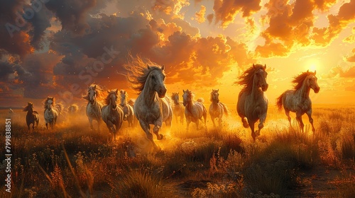 Horses running in a plain with sunset background photo