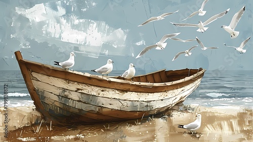 a wooden boat and seagulls illustration poster background