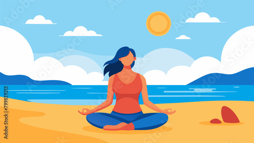 A woman sitting crosslegged on a beach listening to a guided meditation that leads her through a visualization of a warm sunny day on the shore..