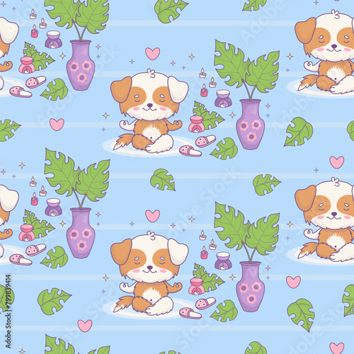 Seamless pattern with dog meditating on blue background with aroma lamp with candles and vase with tropical leaves. Cute funny kawaii animal character. Vector illustration. Kids collection.
