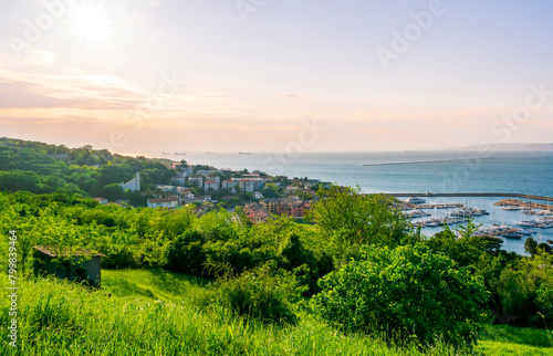 panoramic landscape view of green summer city with yellow houses  green forest and mountains above and amazing hills and cloudy sky on background