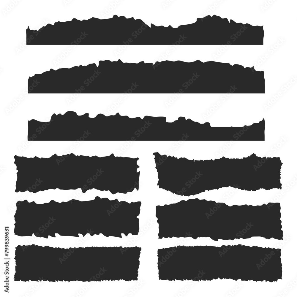 Ripped and cutout paper, jagged trip sticker piece. Black shape with zigzag edge. Isolated objects vector on white background Ripped and cutout paper, jagged trip sticker piece. Black shape with zigzag edge. Isolated objects vector on white background