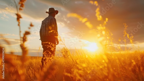 Portrait of farmer working at vegetable garden in sunset with golden ray. Smart agricultural people or researcher checking his crop while standing at farm. Agriculture sustainable concept. AIG42.