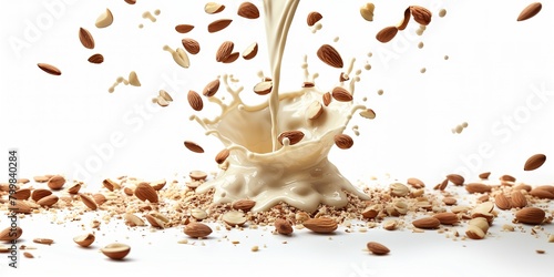 Splashing almond milk mixed with almonds in the air. Isolated on white background. photo