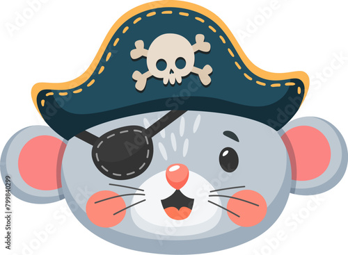 Cartoon mouse animal pirate, filibuster and corsair character, playful skipper and boatswain personage. Isolated vector rodent captain with rosy cheeks wears eye patch and tricorn hat with a skull
