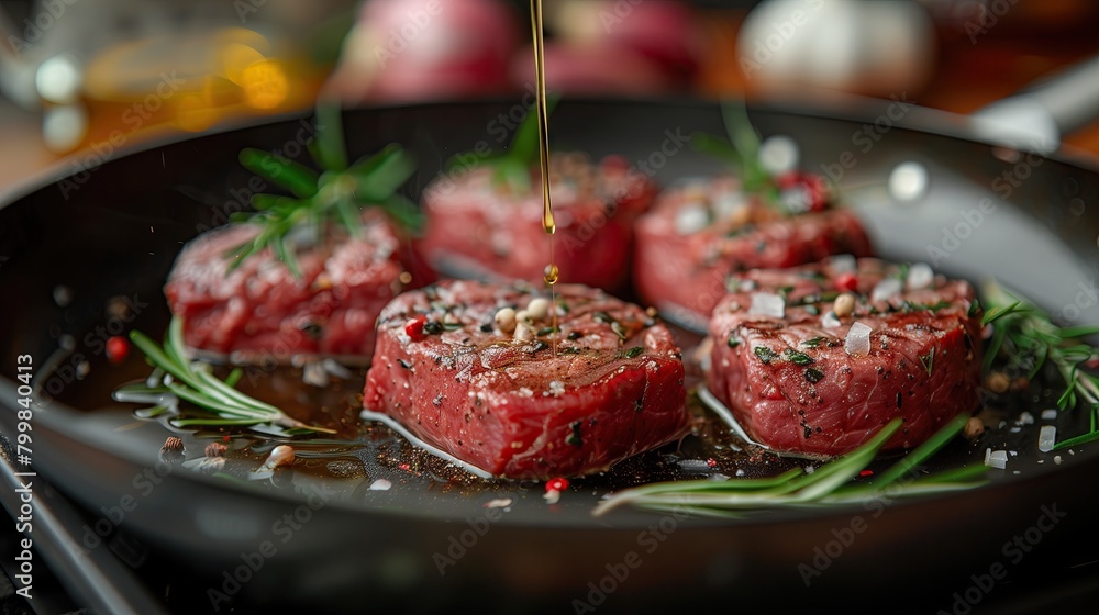 Hot raw steak garnished with delicious rosemary, with avocado oil spread on the piece of meat. Hot raw steak garnished with delicious rosemary, with avocado oil spread on the piece of meat.