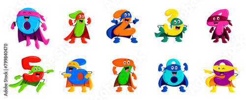 Cartoon math number superhero characters in super hero capes, vector funny guardians. Cute kawaii numbers in superhero power mantle and masks for kids mathematics education or numbers count learn