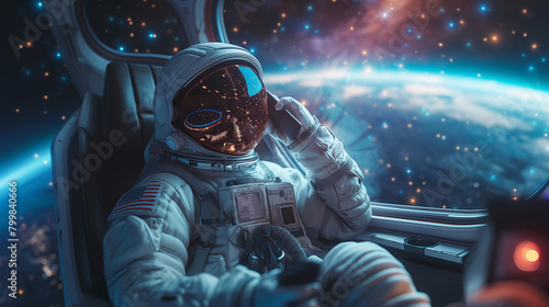 Astronaut in space suit sitting inside spaceship and talking on mobile phone with planet earth background-Enhanced-SR photo