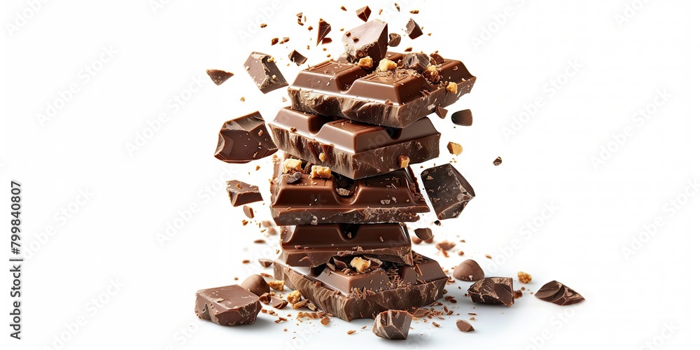 Fototapeta premium Chocolate bars and nuts stacked together on a white background