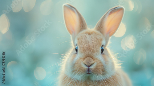 Cute rabbit face closeup  light blue background with bokeh effect  in the style of high definition photography-Enhanced-SR