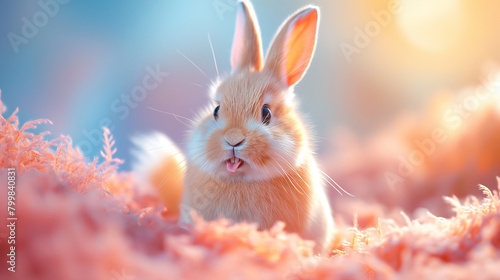 Cute fluffy bunny licking its lips, sitting in the pink and orange grass against a blue sky background-Enhanced-SR photo