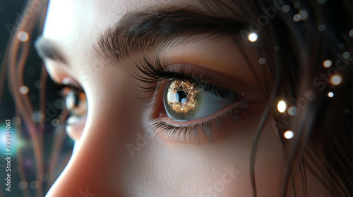 A closeup of the girl's eyes, with her brown eye iris sparkling like stars in space and a golden light shining on it-Enhanced-SR