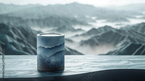 A cylindrical smart speaker on a table features a misty valley landscape in the style of Chinese ink painting-Enhanced-SR photo