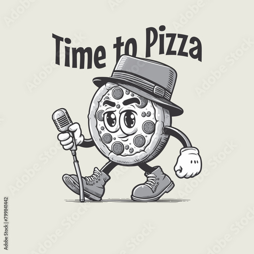 Retro cartoon walking smiled pizza mascot character