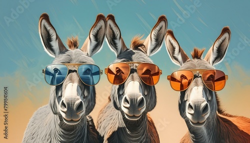 Mule Crew: Stylish Donkey Friends in Sunglasses for Editorial Advertisement"