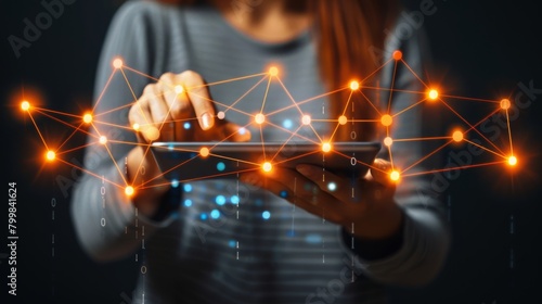 Focused businessman examining virtual blockchain network on tablet with floating data fields. Close-up shot of hands and digital technology.