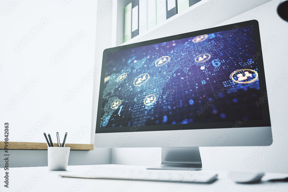 Modern computer monitor with social network icons concept with world map. Marketing and promotion concept. 3D Rendering Modern computer monitor with social network icons concept with world map. Marketing and promotion concept. 3D Rendering
