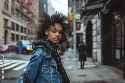 A young woman embraces urban exploration with a blend of street style and urban sophistication