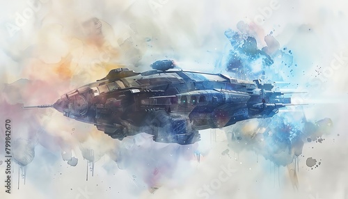 Infuse a surreal touch into a minimalist design by showcasing a levitating spacecraft in a watercolor masterpiece photo