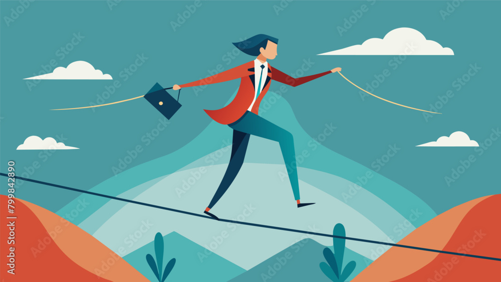 A tightrope walker with intense focus representing the constant balancing act of managing bipolar disorder.. Vector illustration