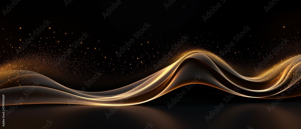 Black background with a luxurious wave of golden sparkling particles and light, suitable for elegant projects, Black background with a luxurious wave of golden sparkling particles and light, suitable for elegant projects,