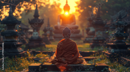 Sunset behind a Buddha statue in a serene temple setting