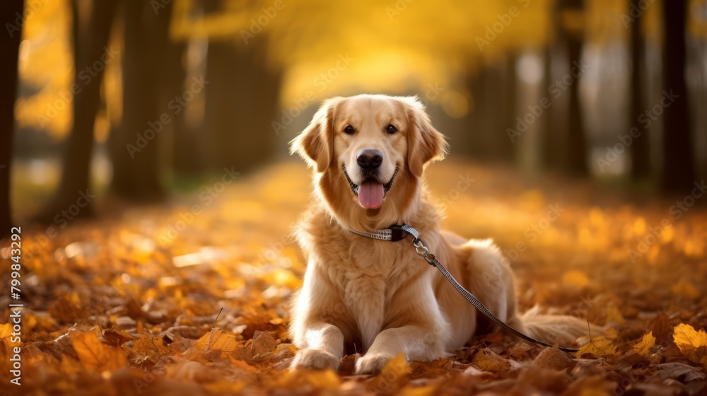 A golden retriever with a gold-colored bow, sitting on an autumn leaf-covered path,