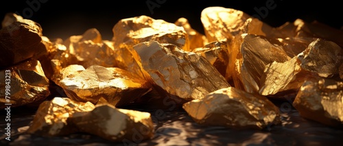 Close-up of a collection of natural gold nuggets on a dark, textured surface, with soft lighting to enhance the metallic shine,