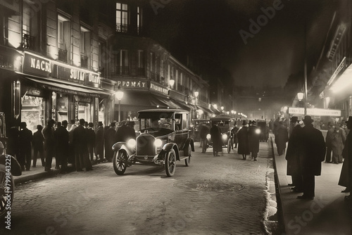 A black and white photo that looks like it was taken on a European street at night in the 1920s.