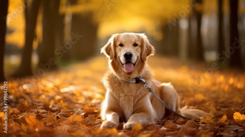A golden retriever with a gold-colored bow, sitting on an autumn leaf-covered path, © FoxGrafy