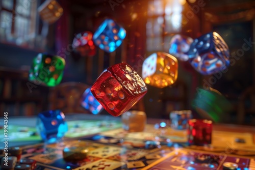 Brightly colored dice pieces are flying around a table