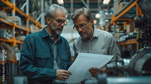 Two men in a factory looking at a paper report which has of stock market ticker in factory. Generative AI.
