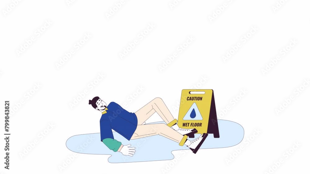 European man falling down on wet floor line cartoon animation. Slip ...