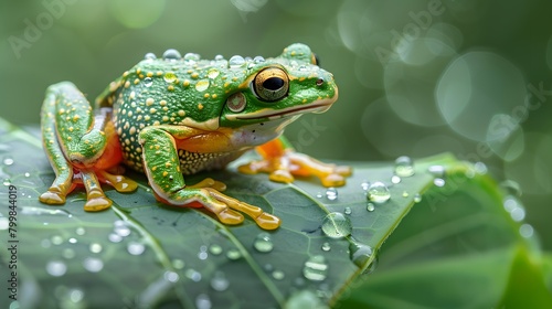 A 4K wallpaper showcasing a vividly colored tree frog sitting on a dew-covered leaf. 