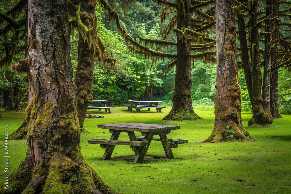 serene photo of picnic area nestled amidst lush green grass and towering trees, evoking a sense of tranquility and closeness to nature, against a clean background serene photo of picnic area nestled amidst lush green grass and towering trees, evoking a sense of tranquility and closeness to nature, against a clean background