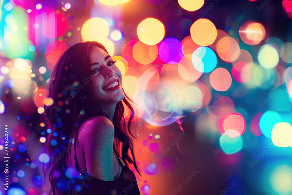 A young woman dazzles amidst the vibrant lights and energy of the cityscape