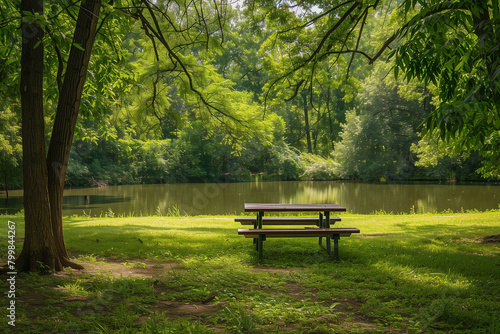 picturesque scene of a tranquil picnic spot surrounded by verdant trees, lake and vibrant greenery, showcasing the beauty of nature in a minimalist composition