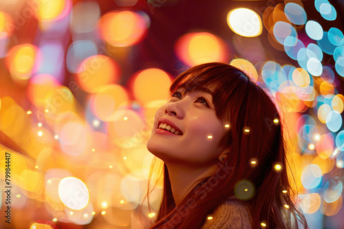 A young woman dazzles amidst the vibrant lights and energy of the cityscape