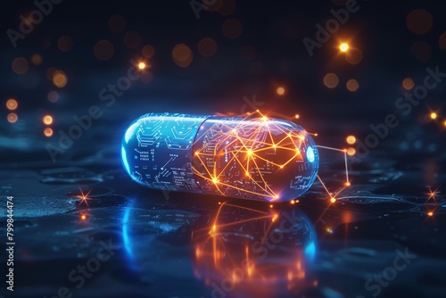 Wireframe style low poly medication or pill. Innovation and technology in pharmacology. Abstract illustration isolated on dark background
